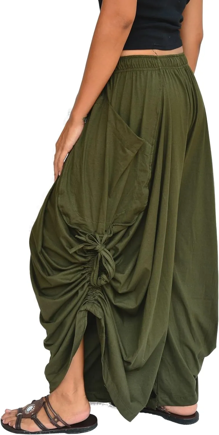 Sakoonee Women's Harem Pants Palazzo Dhoti Lounge Trousers, Convertible to a Skirt 2 Pockets Cotton, One Size, Elastic Waist