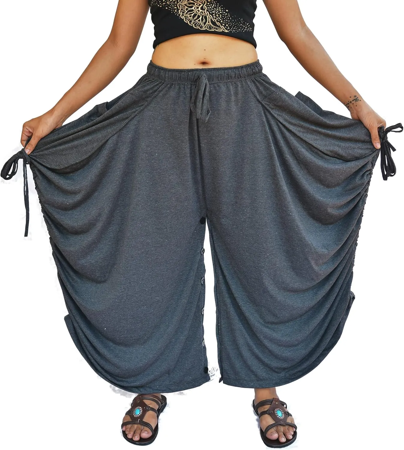 Sakoonee Women's Harem Pants Palazzo Dhoti Lounge Trousers, Convertible to a Skirt 2 Pockets Cotton, One Size, Elastic Waist