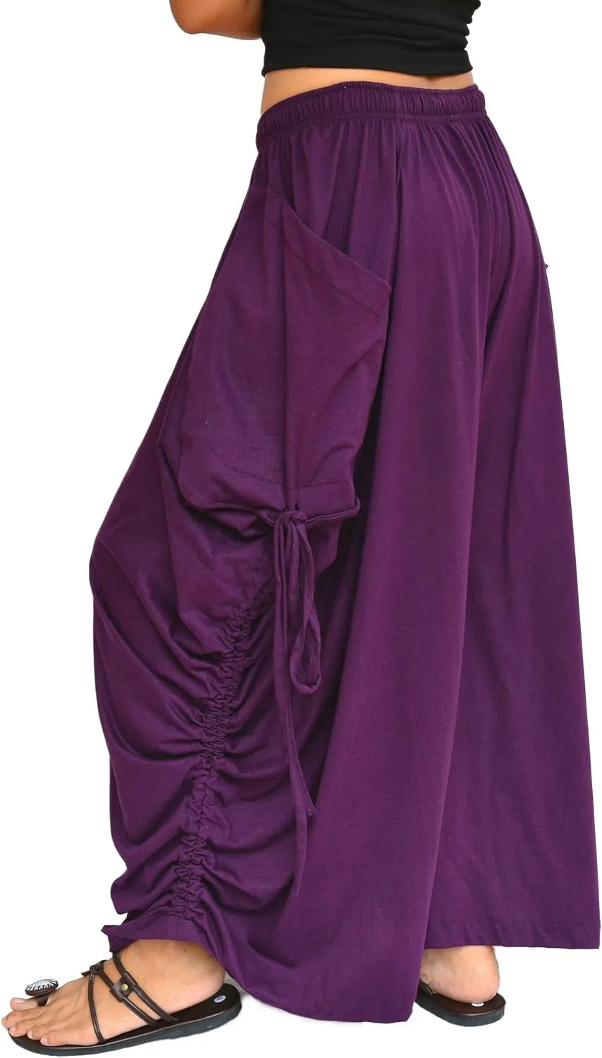Sakoonee Women's Harem Pants Palazzo Dhoti Lounge Trousers, Convertible to a Skirt 2 Pockets Cotton, One Size, Elastic Waist