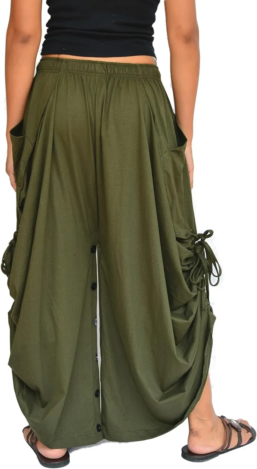 Sakoonee Women's Harem Pants Palazzo Dhoti Lounge Trousers, Convertible to a Skirt 2 Pockets Cotton, One Size, Elastic Waist