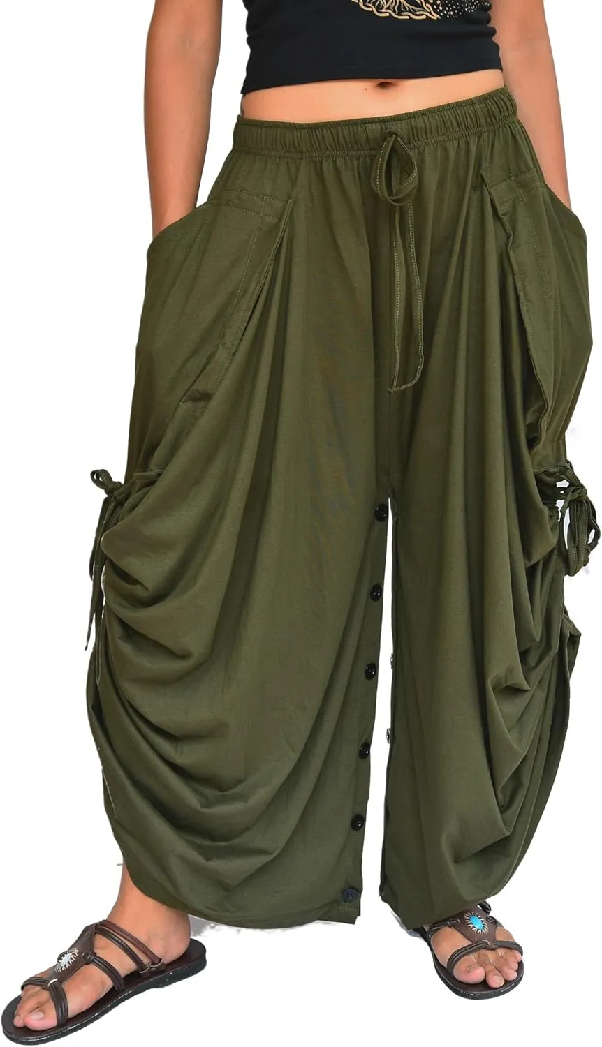 Sakoonee Women's Harem Pants Palazzo Dhoti Lounge Trousers, Convertible to a Skirt 2 Pockets Cotton, One Size, Elastic Waist