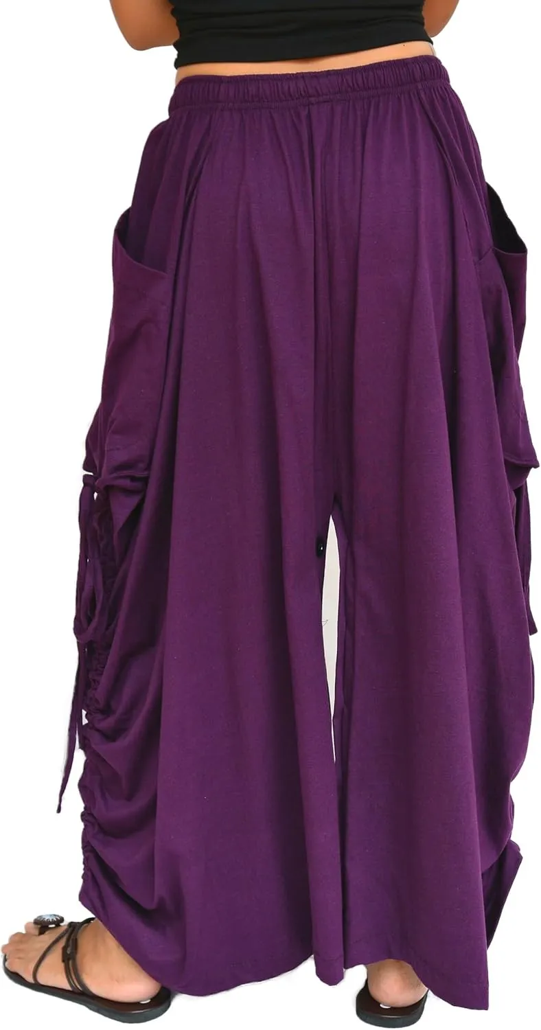 Sakoonee Women's Harem Pants Palazzo Dhoti Lounge Trousers, Convertible to a Skirt 2 Pockets Cotton, One Size, Elastic Waist