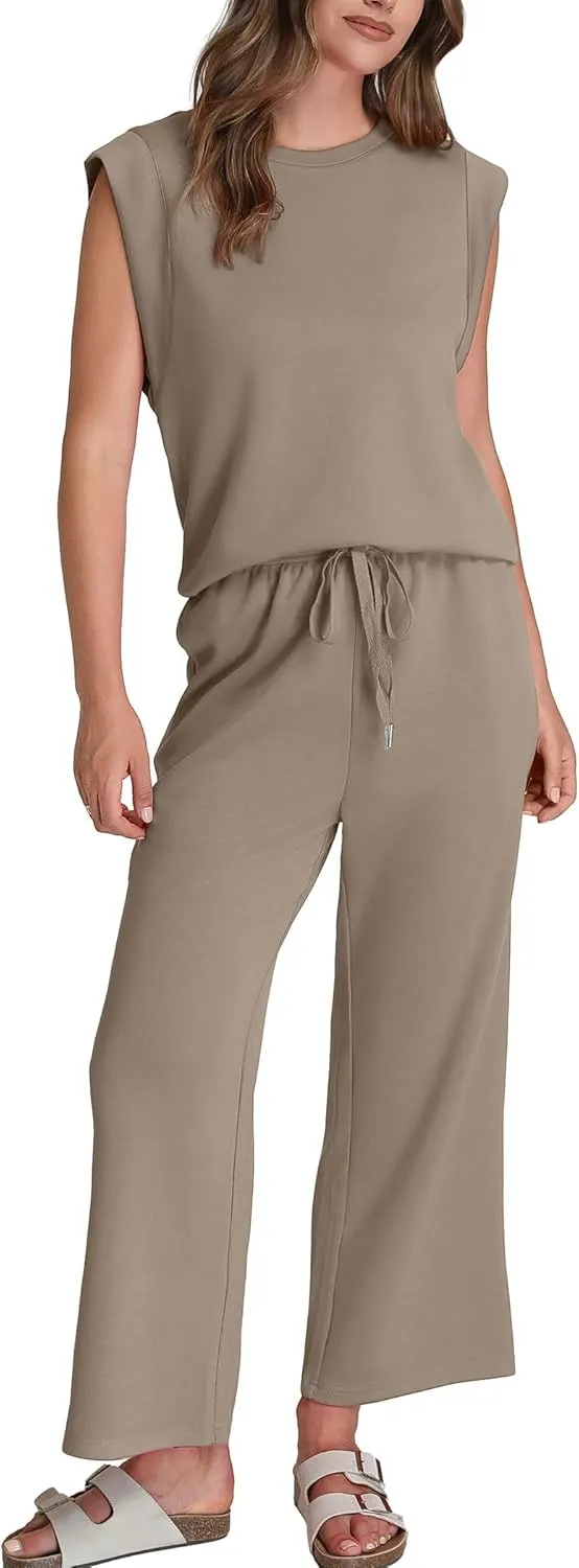 SAMPEEL Two Piece Sets for Women Casual Travel Vacation Outfits Summer Wide Leg Crop Pants Lounge Sets
