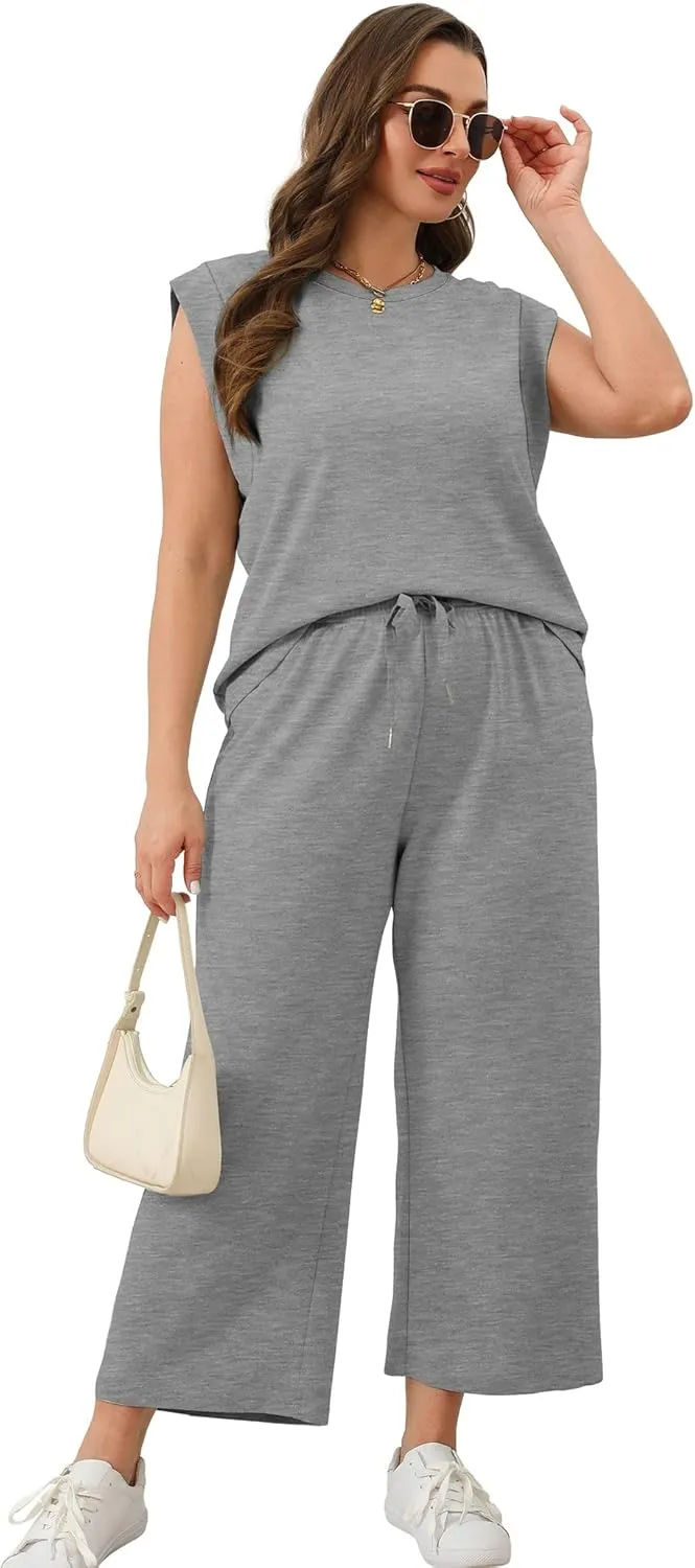 SAMPEEL Two Piece Sets for Women Casual Travel Vacation Outfits Summer Wide Leg Crop Pants Lounge Sets