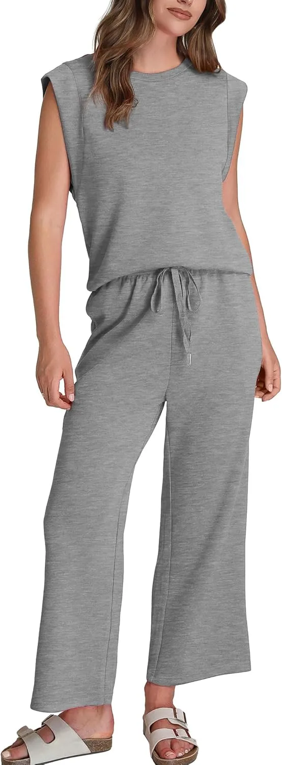 SAMPEEL Two Piece Sets for Women Casual Travel Vacation Outfits Summer Wide Leg Crop Pants Lounge Sets