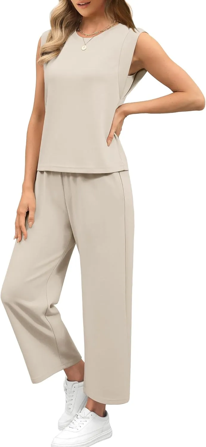 SAMPEEL Two Piece Sets for Women Casual Travel Vacation Outfits Summer Wide Leg Crop Pants Lounge Sets