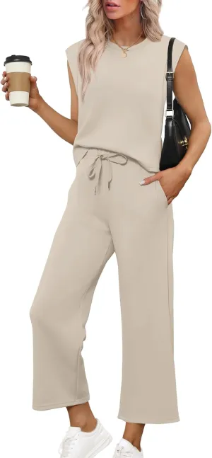 SAMPEEL Two Piece Sets for Women Casual Travel Vacation Outfits Summer Wide Leg Crop Pants Lounge Sets