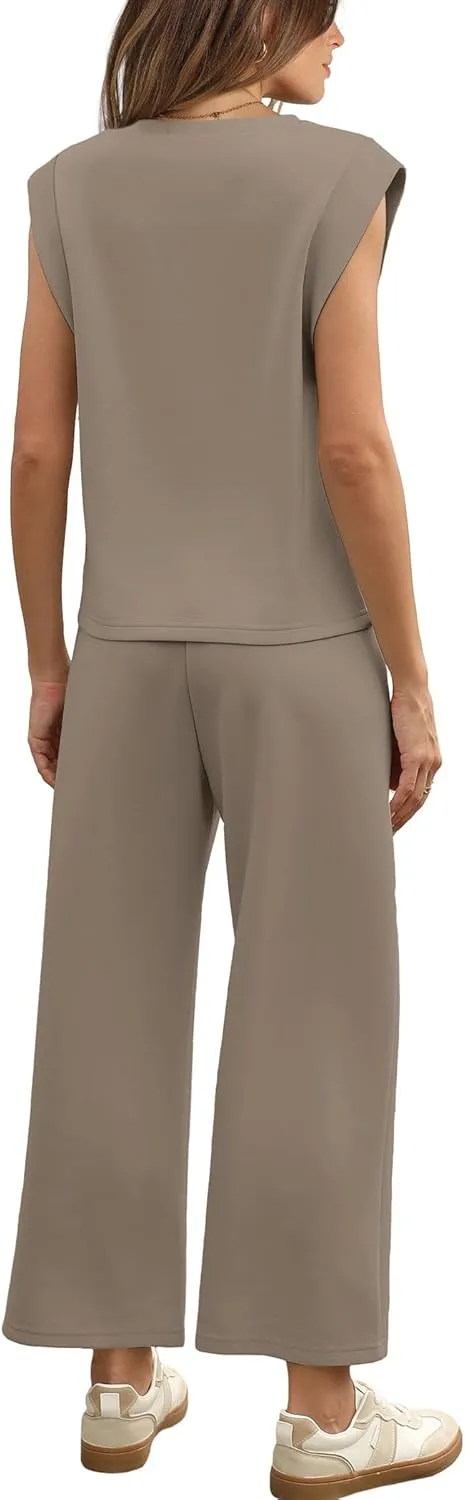 SAMPEEL Two Piece Sets for Women Casual Travel Vacation Outfits Summer Wide Leg Crop Pants Lounge Sets