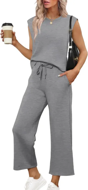 SAMPEEL Two Piece Sets for Women Casual Travel Vacation Outfits Summer Wide Leg Crop Pants Lounge Sets