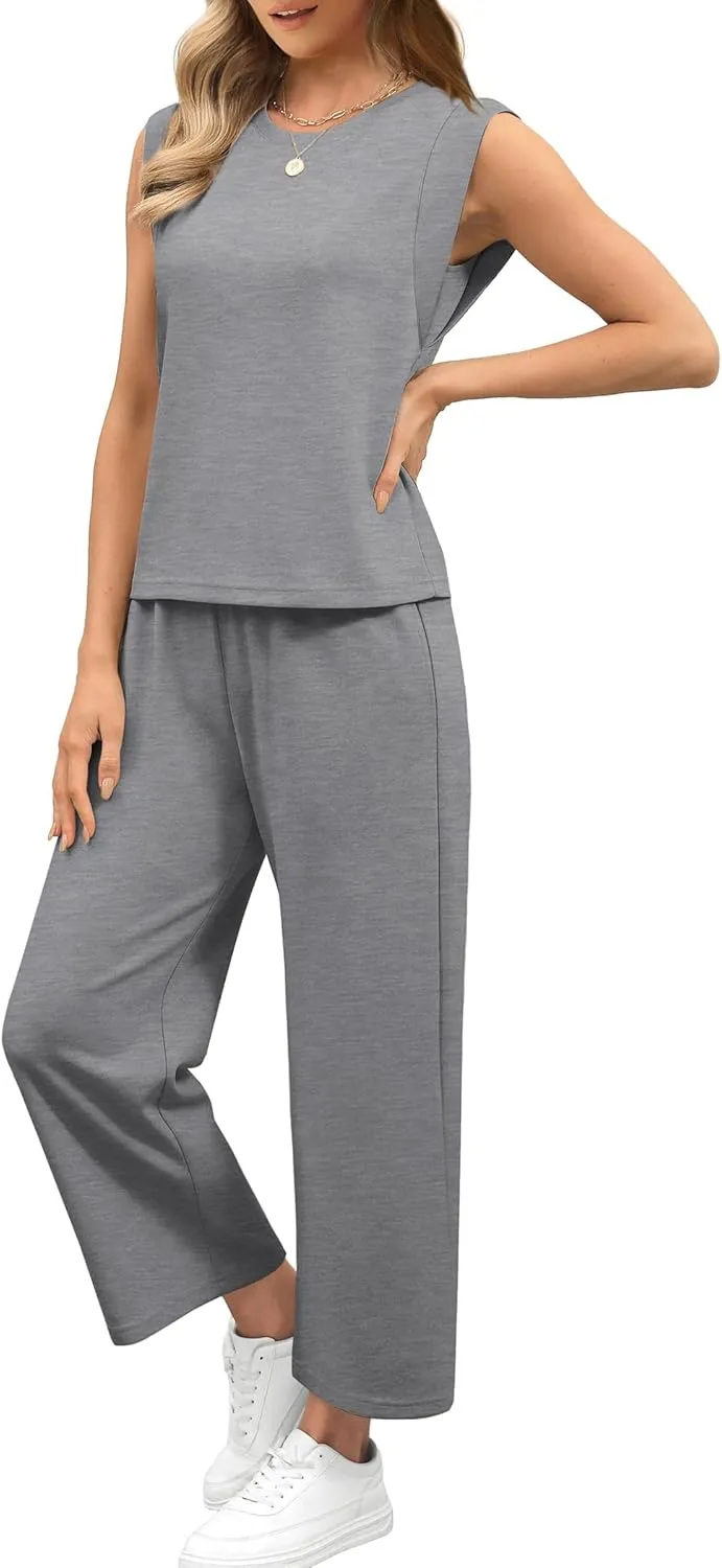 SAMPEEL Two Piece Sets for Women Casual Travel Vacation Outfits Summer Wide Leg Crop Pants Lounge Sets