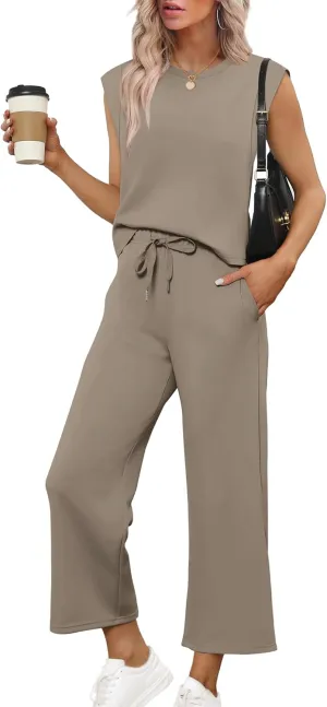 SAMPEEL Two Piece Sets for Women Casual Travel Vacation Outfits Summer Wide Leg Crop Pants Lounge Sets