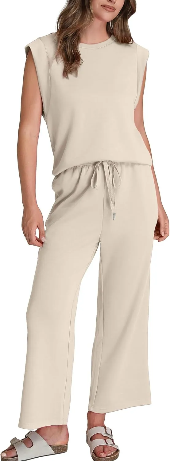 SAMPEEL Two Piece Sets for Women Casual Travel Vacation Outfits Summer Wide Leg Crop Pants Lounge Sets