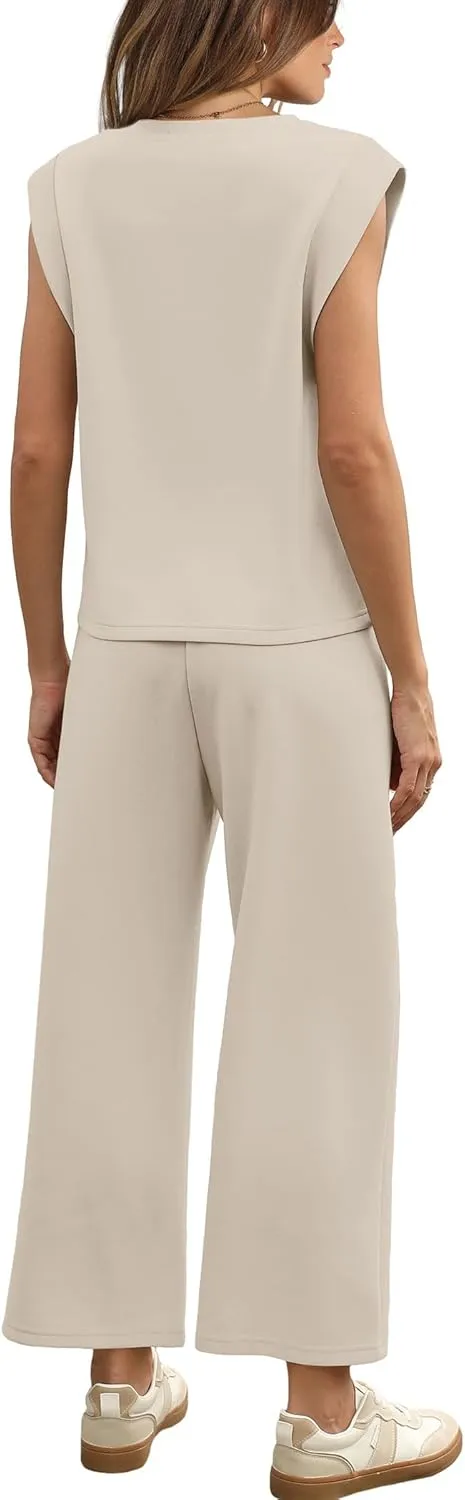 SAMPEEL Two Piece Sets for Women Casual Travel Vacation Outfits Summer Wide Leg Crop Pants Lounge Sets