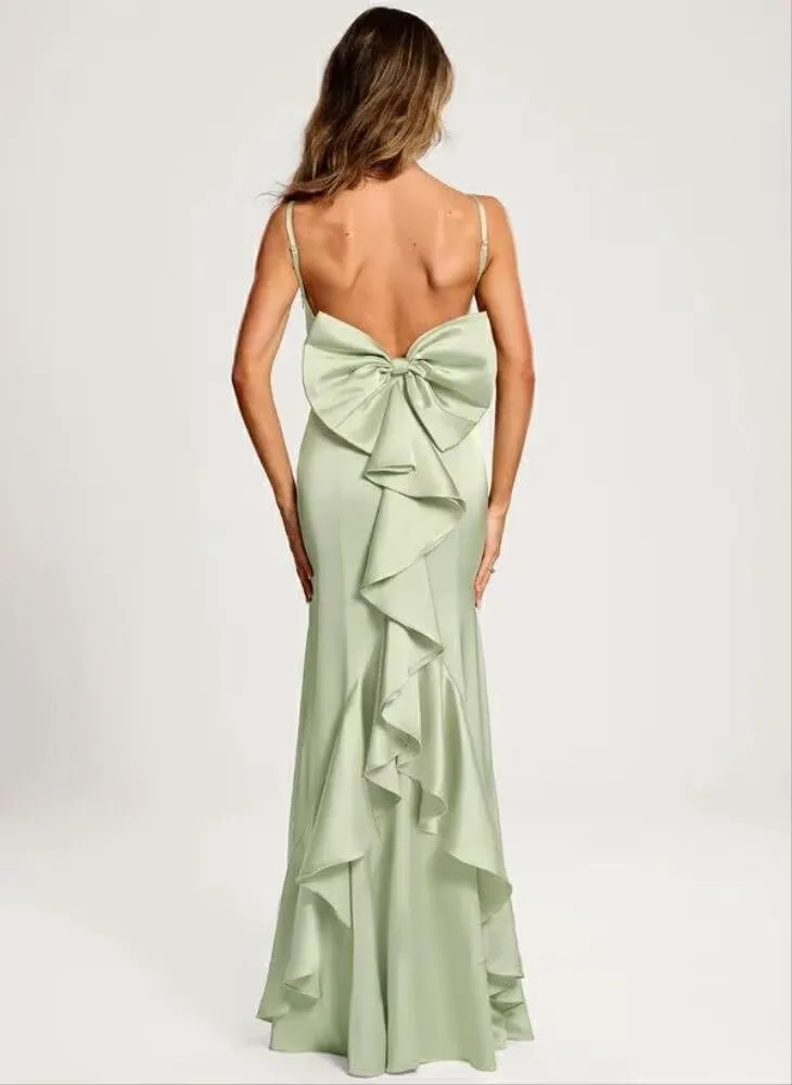 SEIM Womens Floor Length Spaghetti Straps Prom Dresses 2025 Mermaid Satin Formal Gowns with Bow SE052