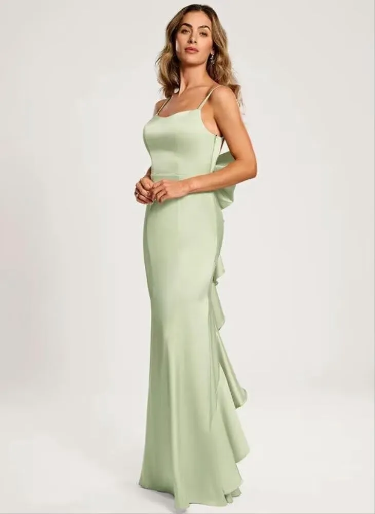 SEIM Womens Floor Length Spaghetti Straps Prom Dresses 2025 Mermaid Satin Formal Gowns with Bow SE052