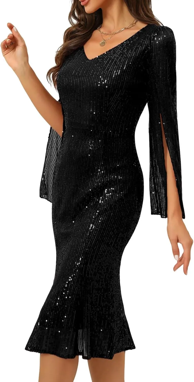 Sequin Cocktail Formal Dresses for Women,Weddings Guest Evening Party Gowns Slim Midi Fishtail Dress