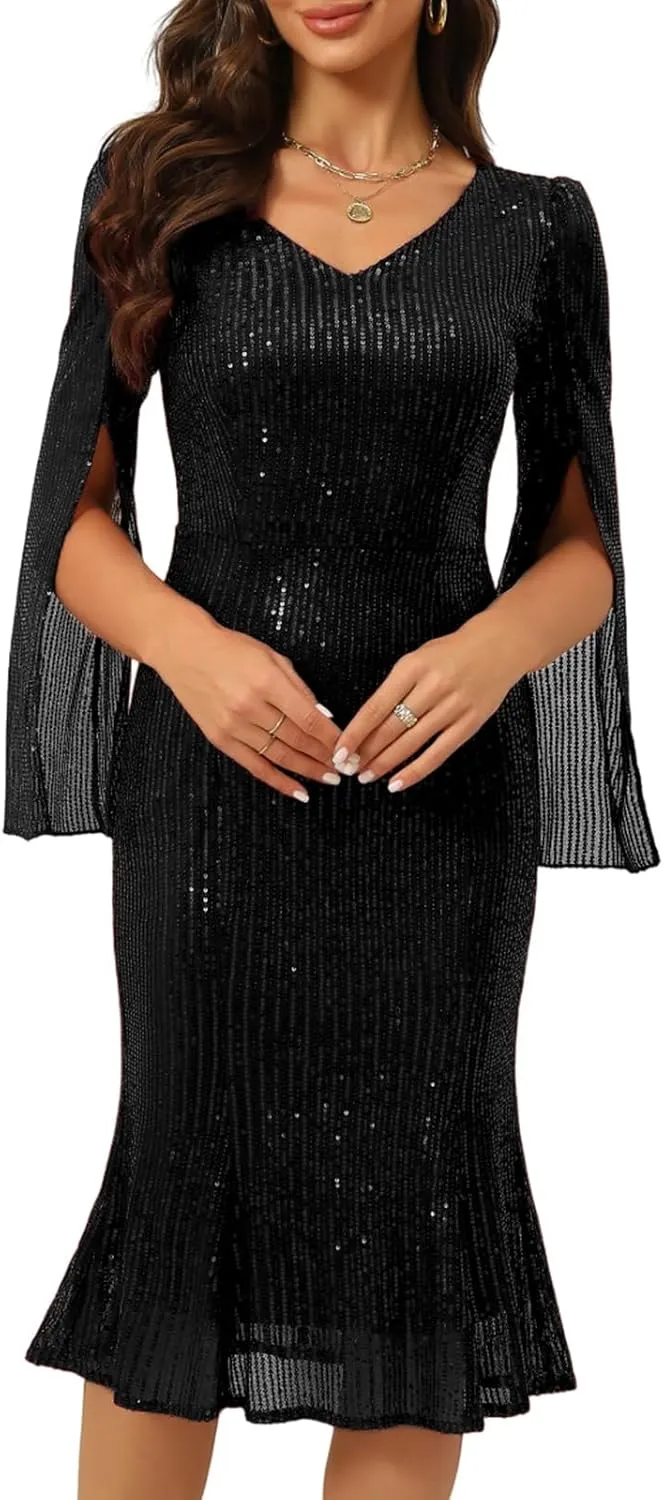 Sequin Cocktail Formal Dresses for Women,Weddings Guest Evening Party Gowns Slim Midi Fishtail Dress