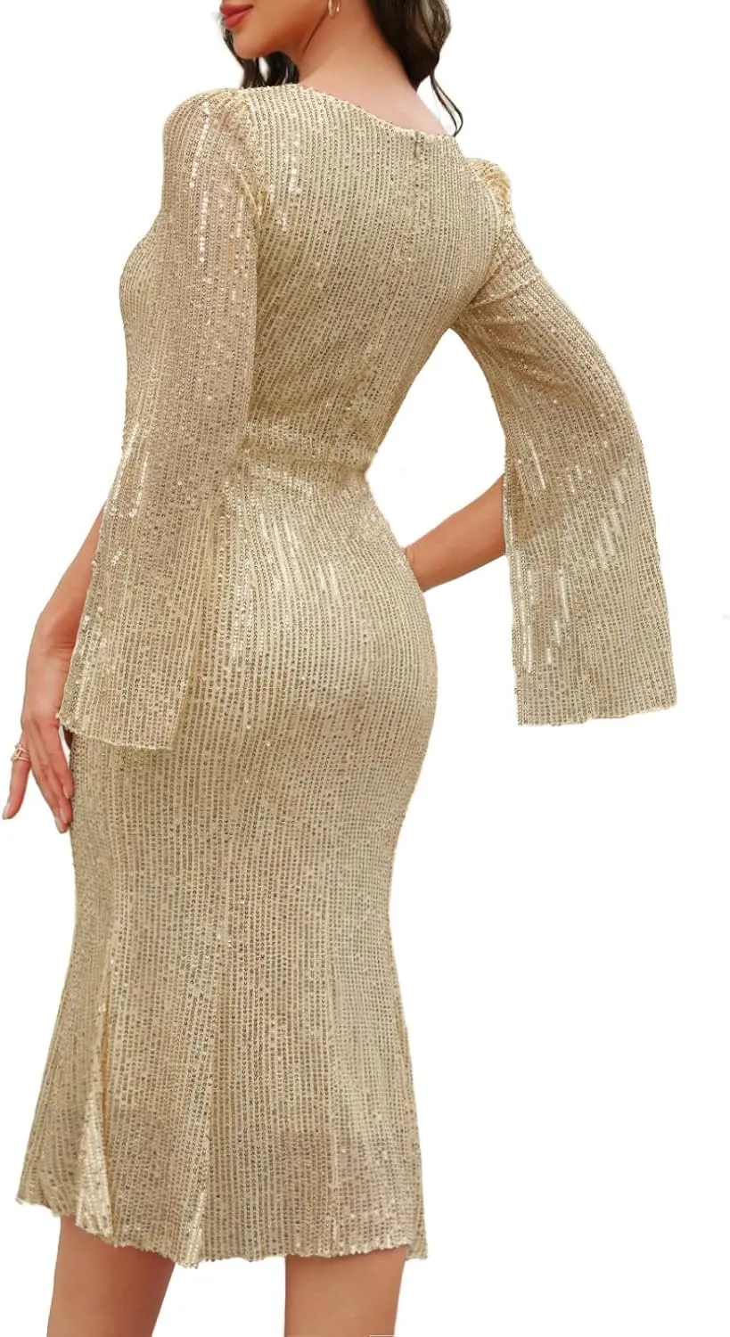 Sequin Cocktail Formal Dresses for Women,Weddings Guest Evening Party Gowns Slim Midi Fishtail Dress