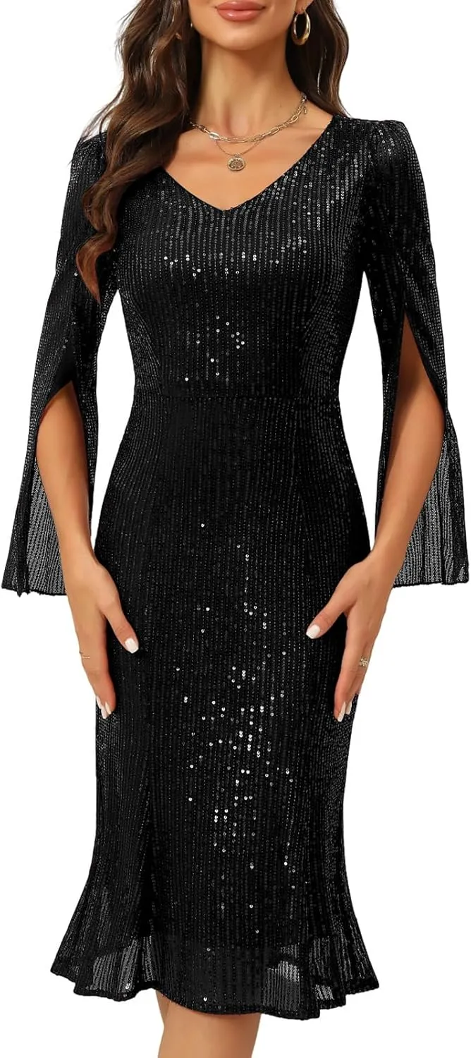 Sequin Cocktail Formal Dresses for Women,Weddings Guest Evening Party Gowns Slim Midi Fishtail Dress