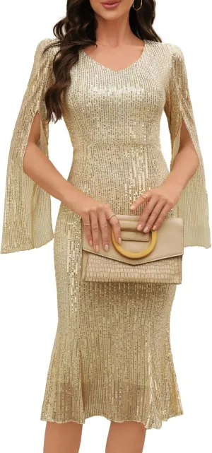 Sequin Cocktail Formal Dresses for Women,Weddings Guest Evening Party Gowns Slim Midi Fishtail Dress