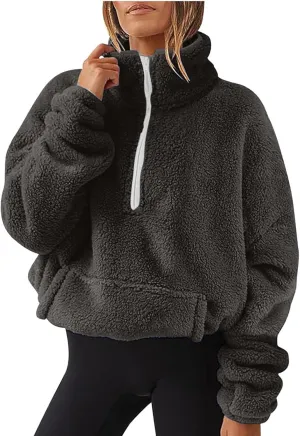 Sherpa Half Zip Pullover Women Fleece Cropped Sweatshirt Fall Fashion 2024 Stand Collar Pullover Sweater with Pocket