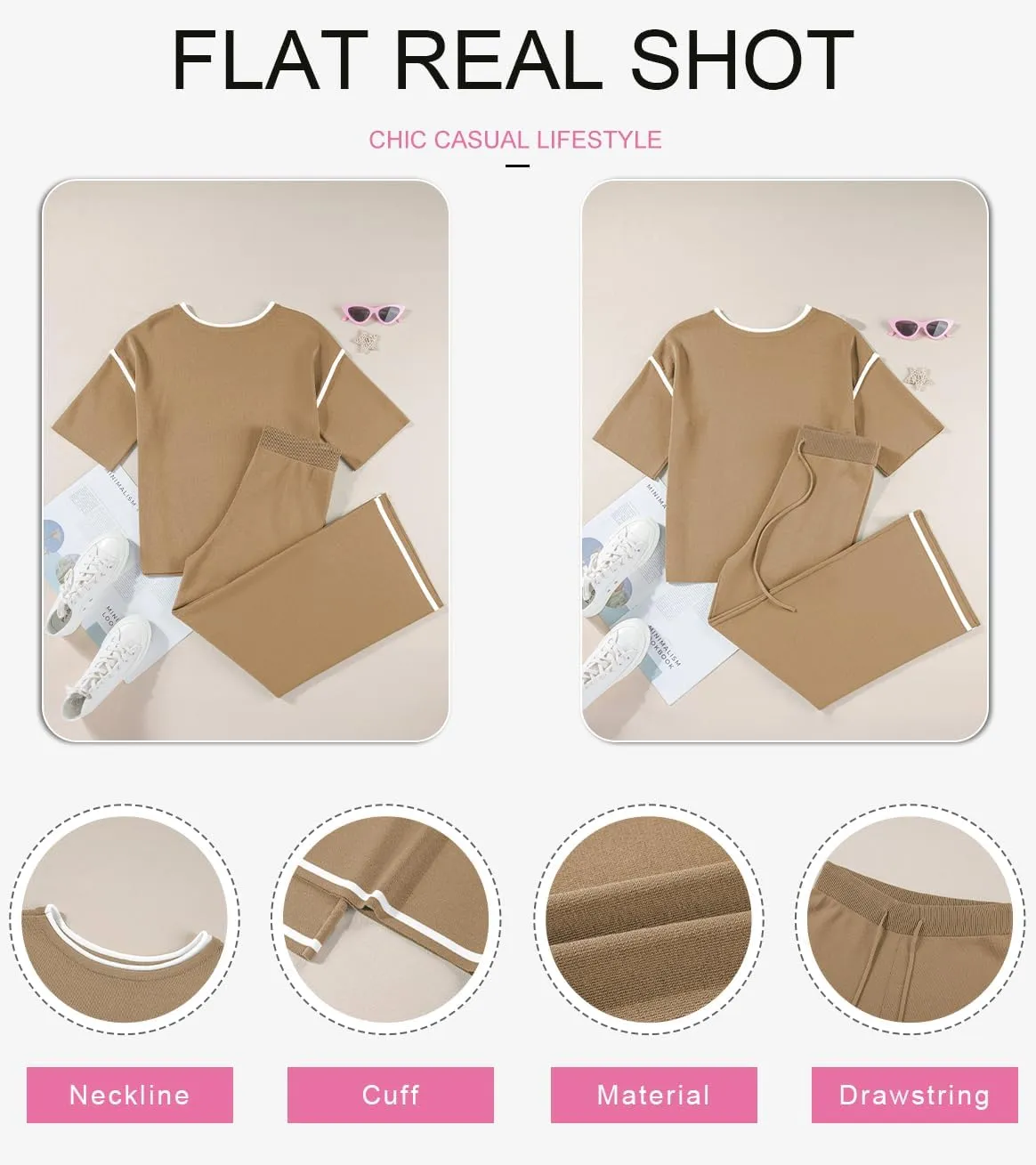 SHEWIN Womens Two Piece Outfits Casual Short Sleeve Knit Sweater Tops Matching Wide Leg Pants Tracksuit Lounge Sets
