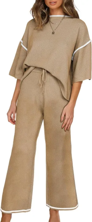 SHEWIN Womens Two Piece Outfits Casual Short Sleeve Knit Sweater Tops Matching Wide Leg Pants Tracksuit Lounge Sets