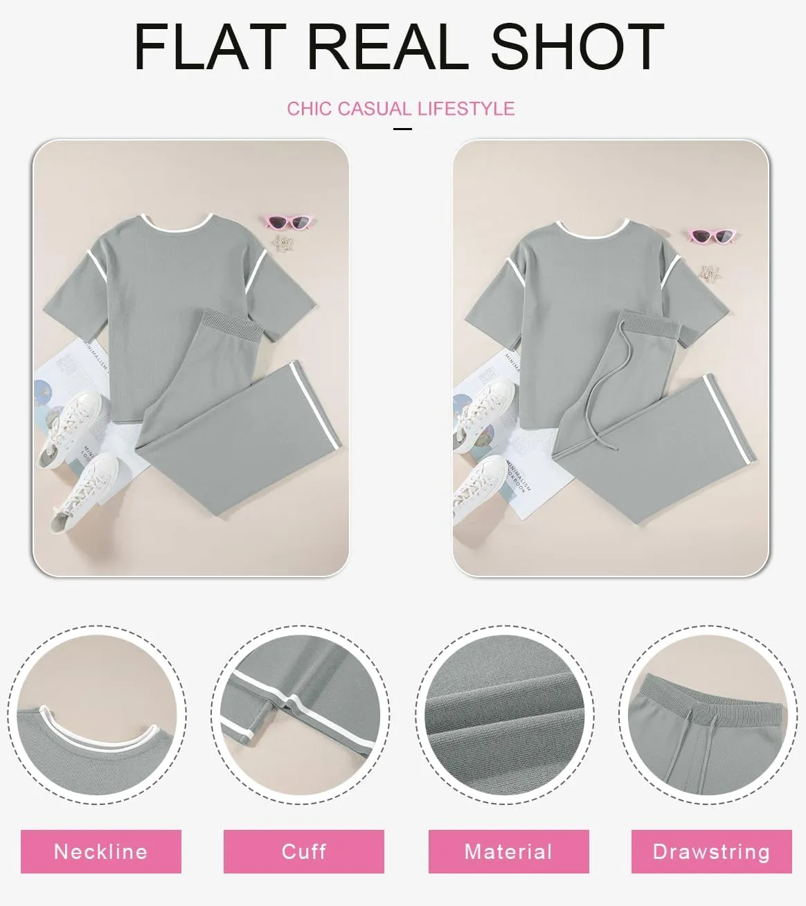 SHEWIN Womens Two Piece Outfits Casual Short Sleeve Knit Sweater Tops Matching Wide Leg Pants Tracksuit Lounge Sets