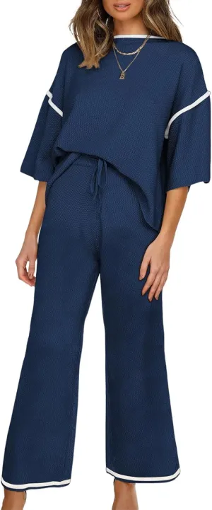 SHEWIN Womens Two Piece Outfits Casual Short Sleeve Knit Sweater Tops Matching Wide Leg Pants Tracksuit Lounge Sets