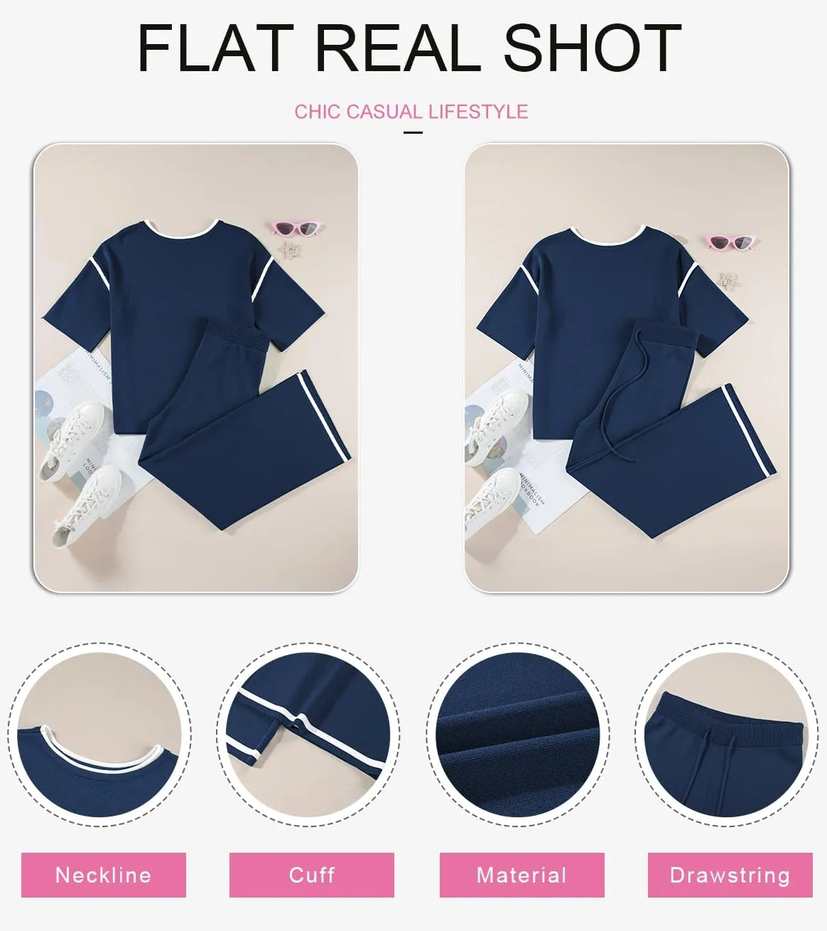 SHEWIN Womens Two Piece Outfits Casual Short Sleeve Knit Sweater Tops Matching Wide Leg Pants Tracksuit Lounge Sets