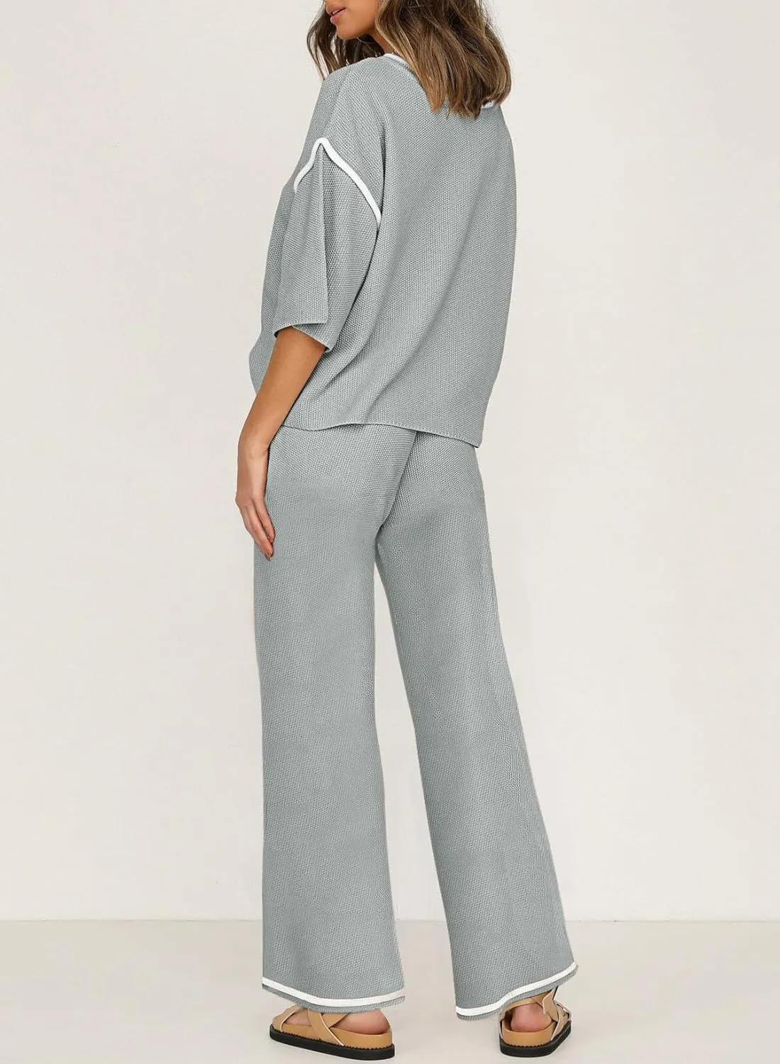 SHEWIN Womens Two Piece Outfits Casual Short Sleeve Knit Sweater Tops Matching Wide Leg Pants Tracksuit Lounge Sets