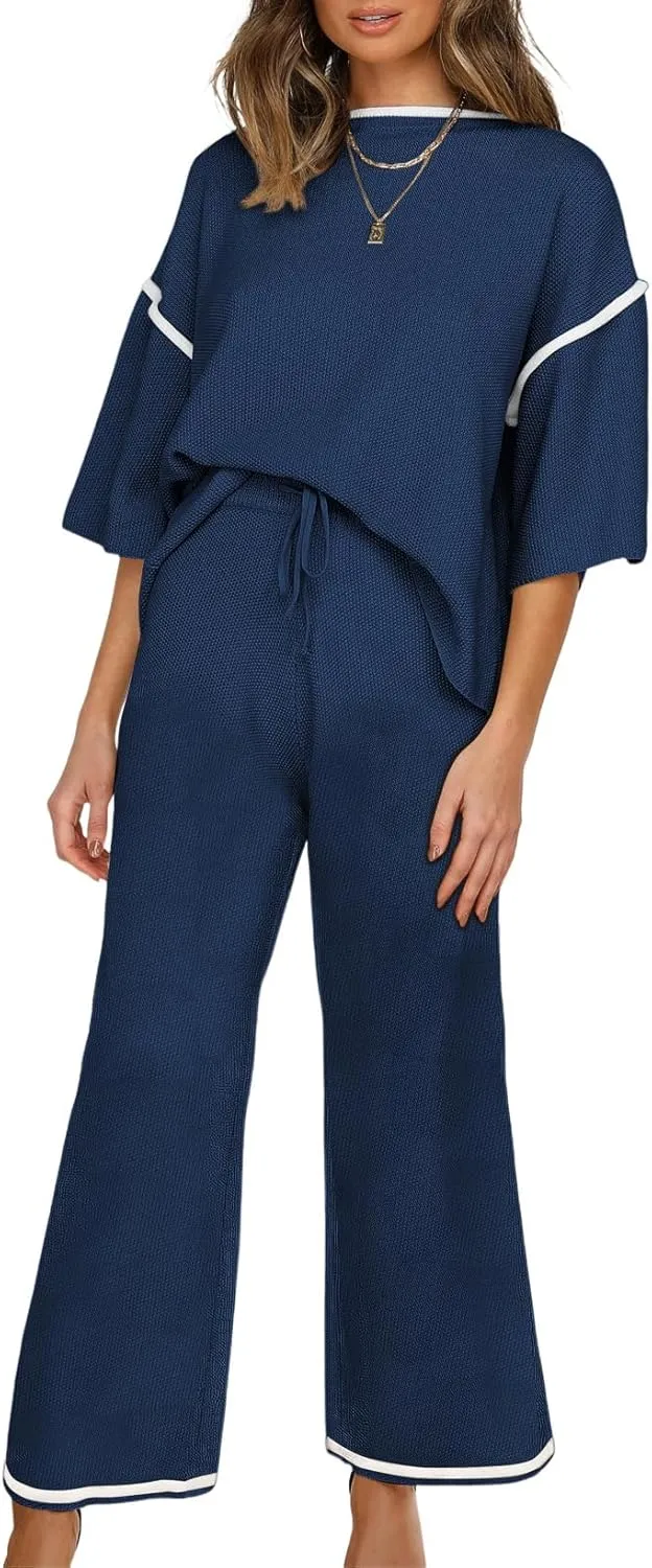 SHEWIN Womens Two Piece Outfits Casual Short Sleeve Knit Sweater Tops Matching Wide Leg Pants Tracksuit Lounge Sets