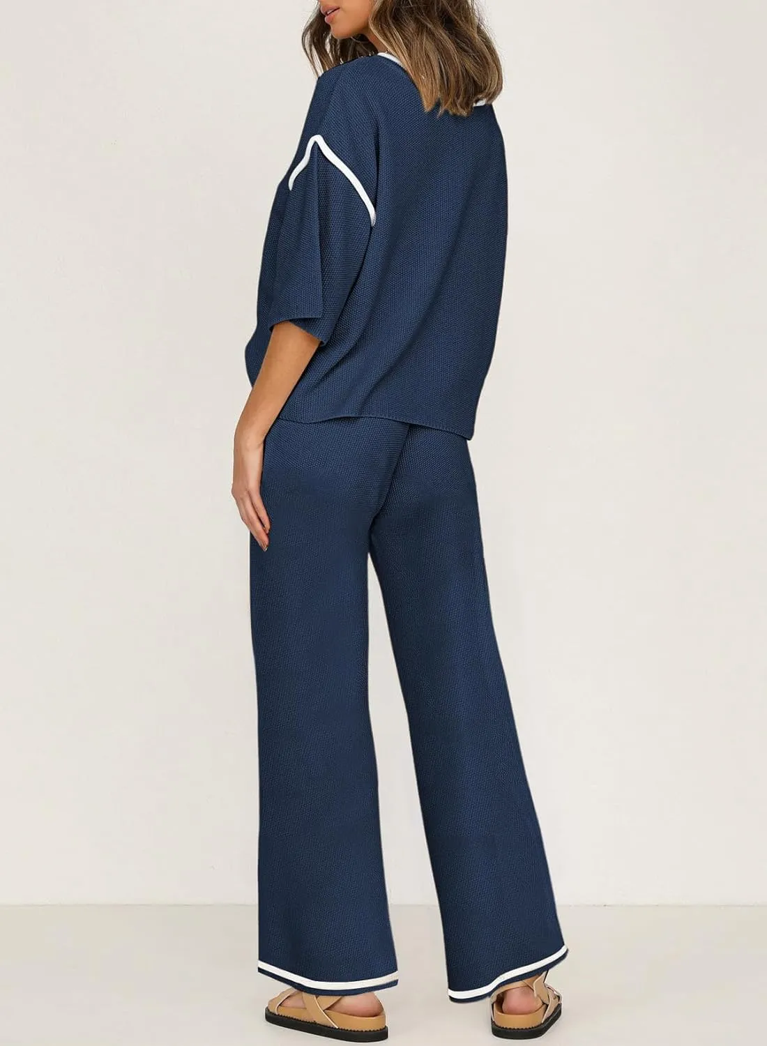 SHEWIN Womens Two Piece Outfits Casual Short Sleeve Knit Sweater Tops Matching Wide Leg Pants Tracksuit Lounge Sets