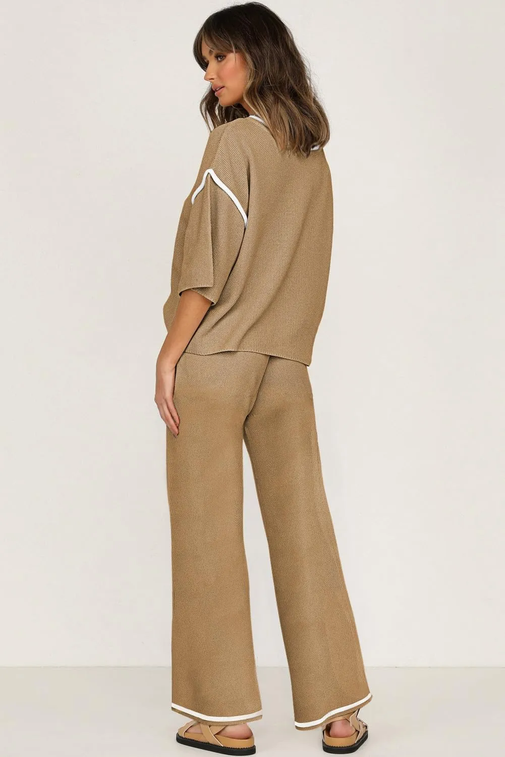 SHEWIN Womens Two Piece Outfits Casual Short Sleeve Knit Sweater Tops Matching Wide Leg Pants Tracksuit Lounge Sets