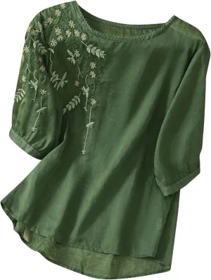 Short Sleeve Shirts for Women Summer Casual Loose Round Neck Floral Embroidery Linen T-Shirt Tops, M-2XL