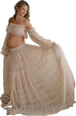 SHSUREVE 2 Piece Maternity Dresses for Photoshoot Off Shoulder Boho Pregnancy Gowns Baby Shower Dress