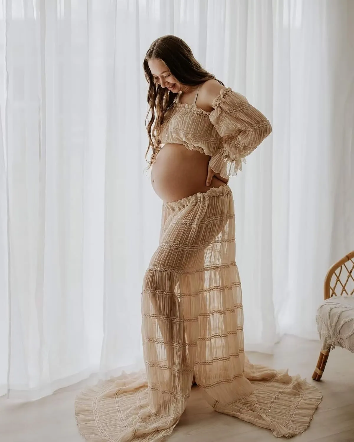 SHSUREVE 2 Piece Maternity Dresses for Photoshoot Off Shoulder Boho Pregnancy Gowns Baby Shower Dress