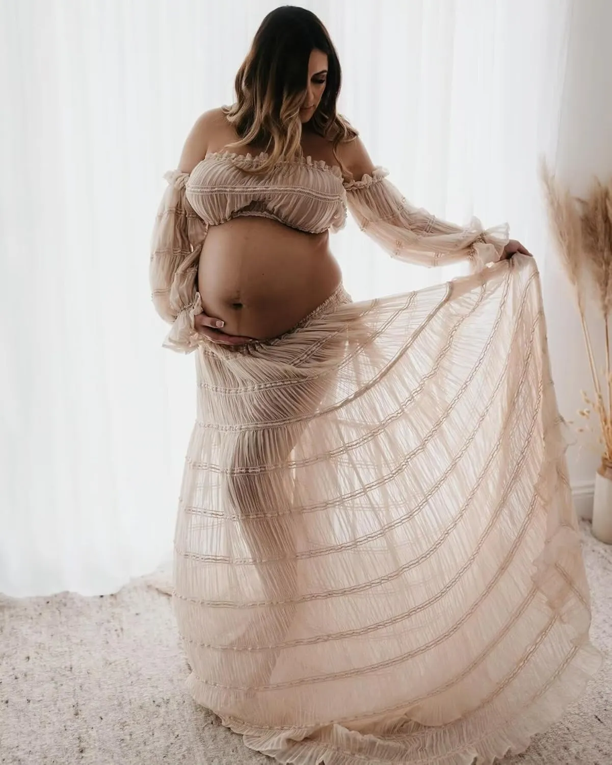 SHSUREVE 2 Piece Maternity Dresses for Photoshoot Off Shoulder Boho Pregnancy Gowns Baby Shower Dress