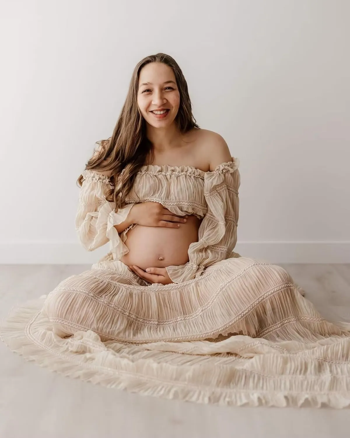 SHSUREVE 2 Piece Maternity Dresses for Photoshoot Off Shoulder Boho Pregnancy Gowns Baby Shower Dress