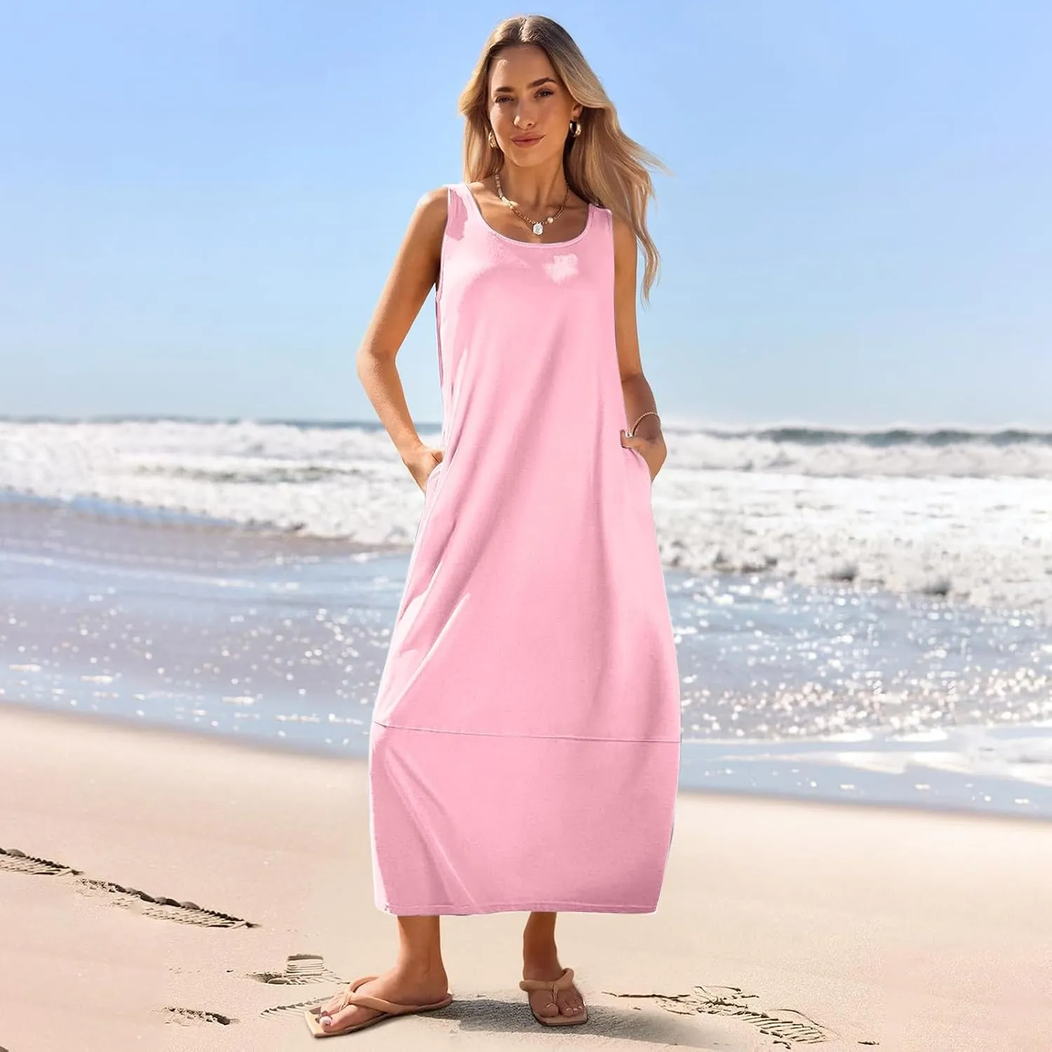 Sleeveless Maxi Dress for Women Casual Summer Dress with Pockets Relaxed Fit Shift Bump Friendly