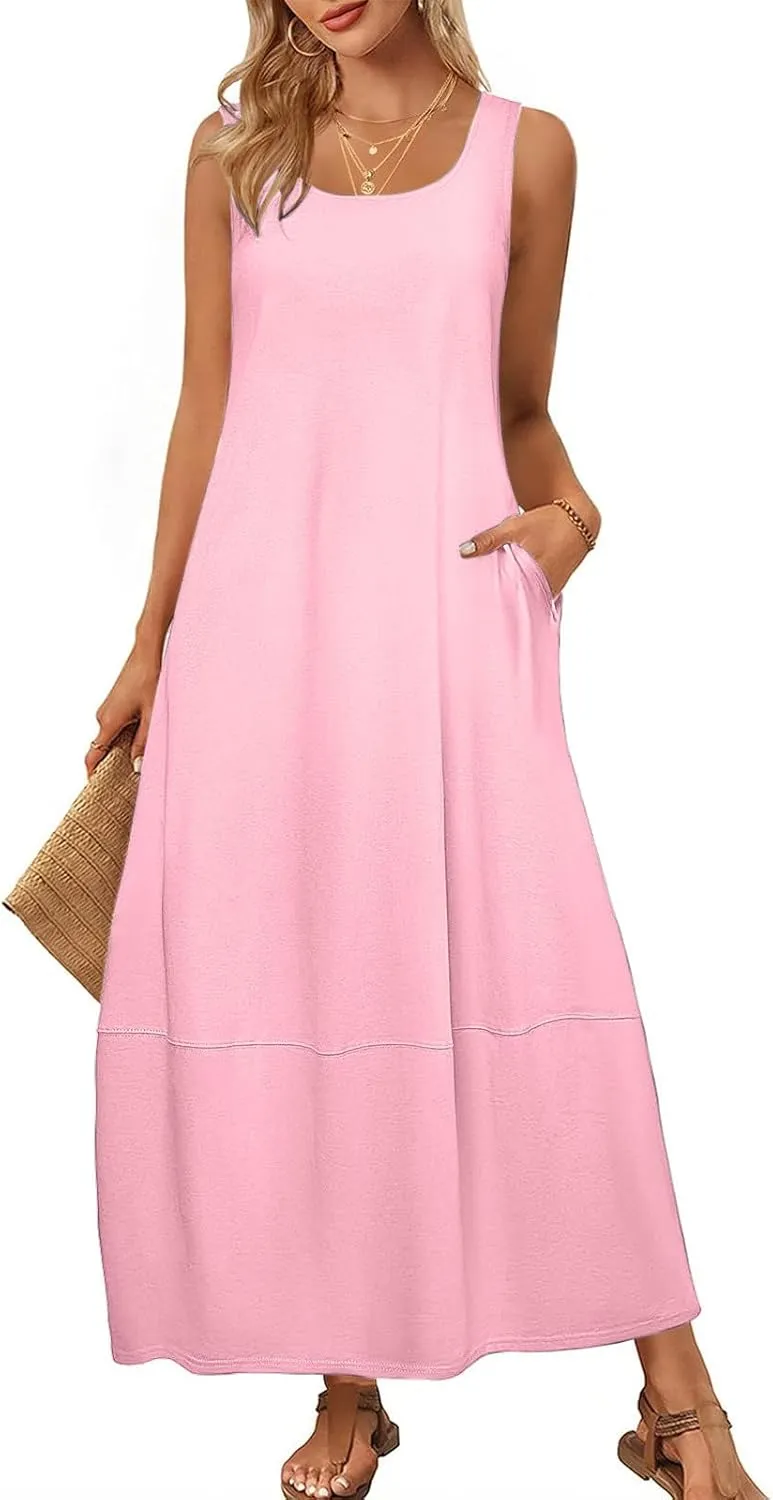 Sleeveless Maxi Dress for Women Casual Summer Dress with Pockets Relaxed Fit Shift Bump Friendly