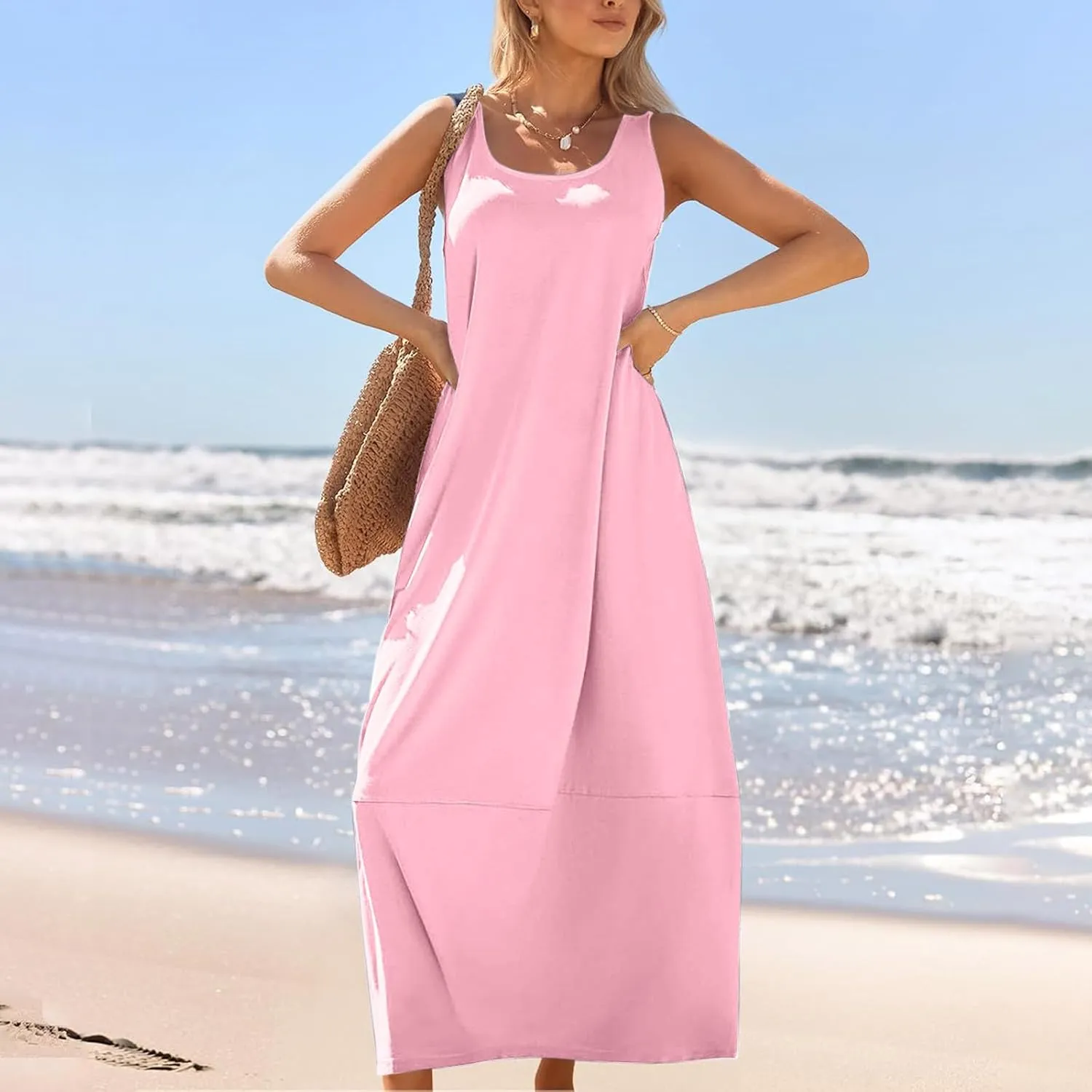 Sleeveless Maxi Dress for Women Casual Summer Dress with Pockets Relaxed Fit Shift Bump Friendly
