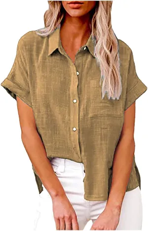 SMIDOW Shirts for Women Trendy Summer 2023 Button Down Linen Tops Plus Size Short Sleeve Collared t-Shirt Work Casual Blouse