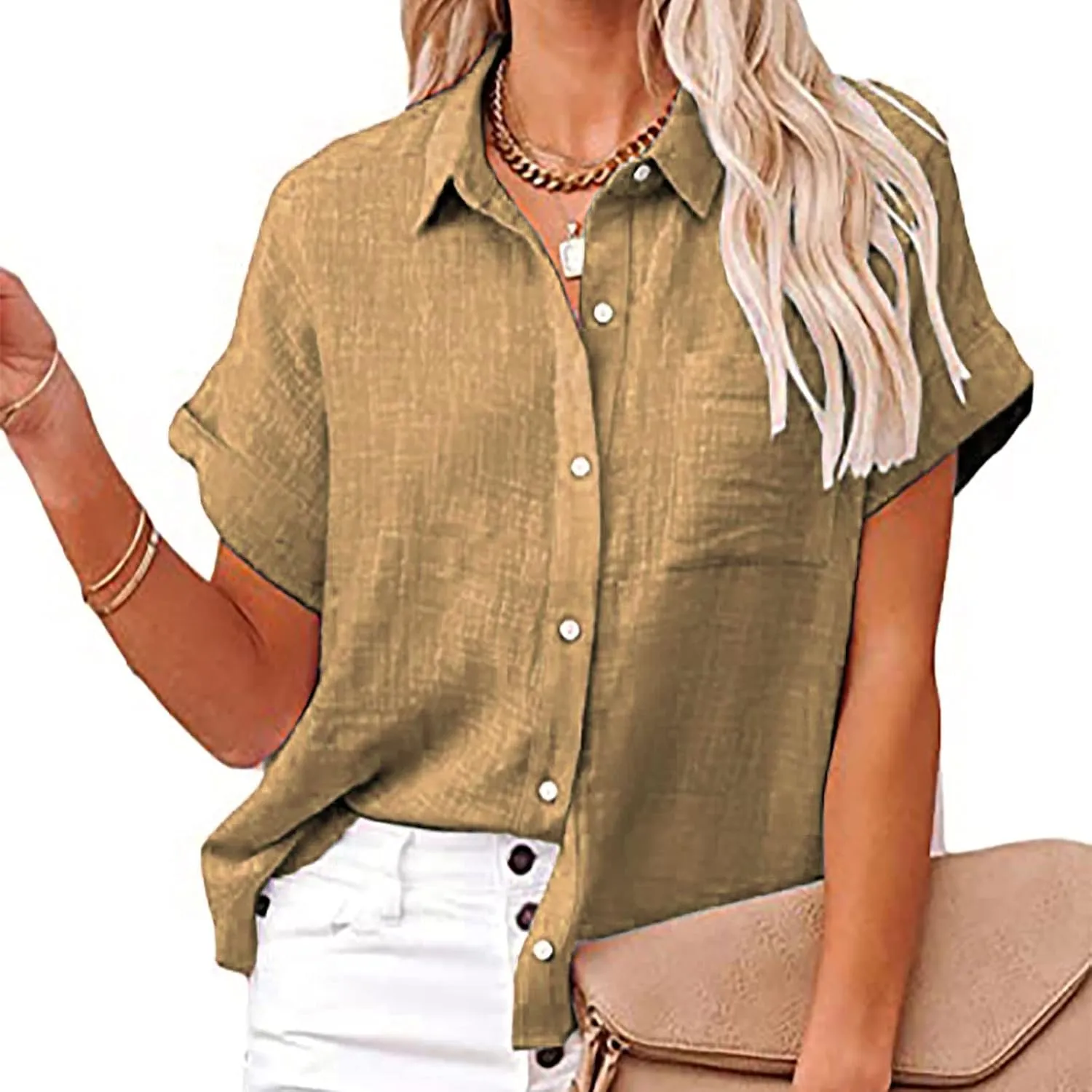 SMIDOW Shirts for Women Trendy Summer 2023 Button Down Linen Tops Plus Size Short Sleeve Collared t-Shirt Work Casual Blouse