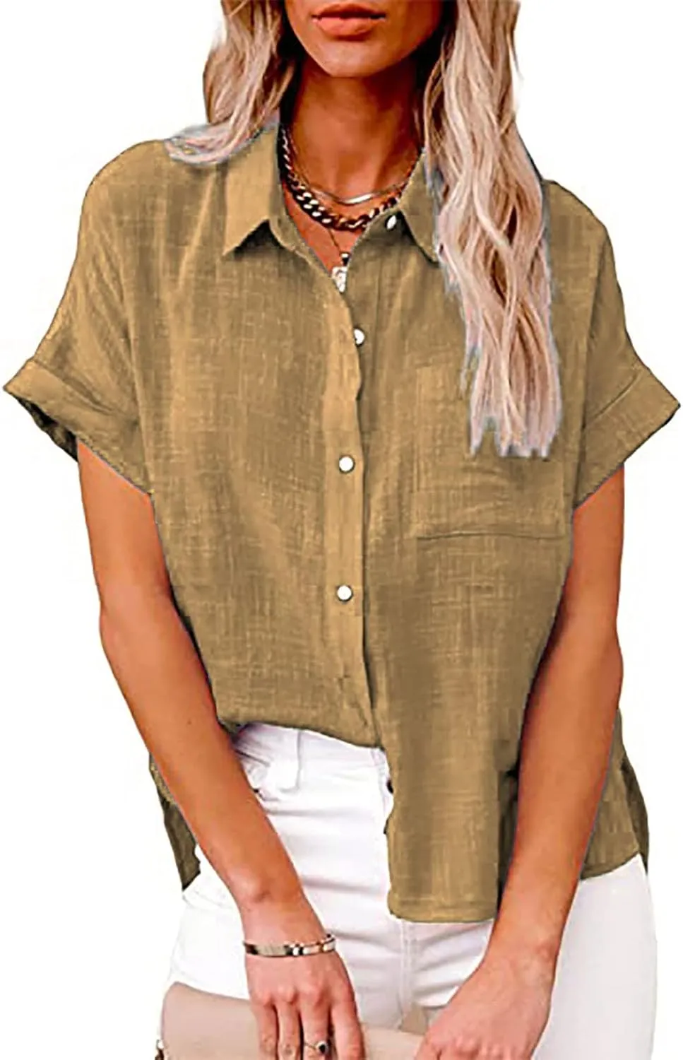 SMIDOW Shirts for Women Trendy Summer 2023 Button Down Linen Tops Plus Size Short Sleeve Collared t-Shirt Work Casual Blouse
