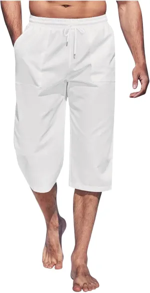 Solid Colour Elastic Waist Pants for Men Light Jogger Pants Casual Beach Pants Capri Pants Linen Relaxed Pants