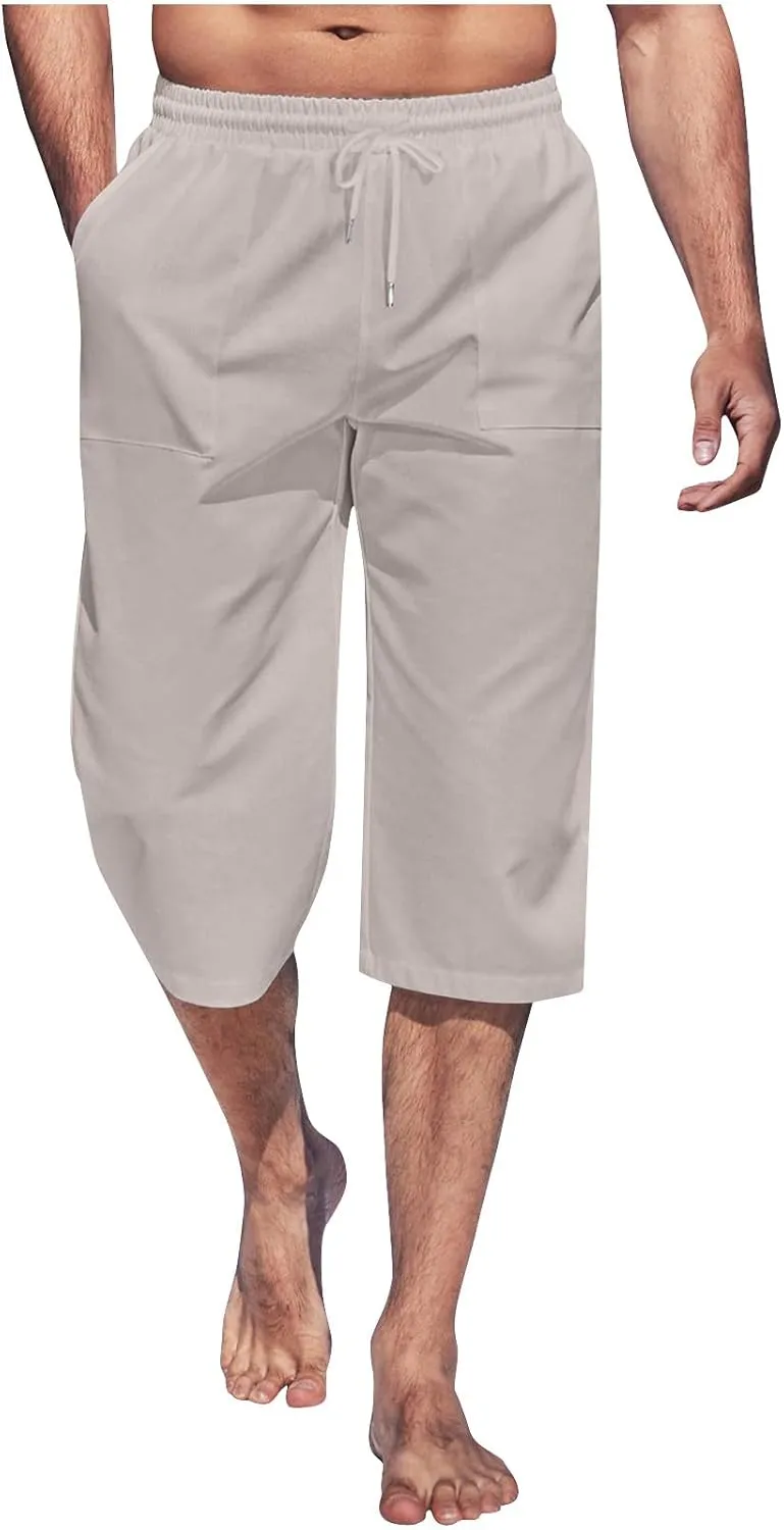 Solid Colour Elastic Waist Pants for Men Light Jogger Pants Casual Beach Pants Capri Pants Linen Relaxed Pants