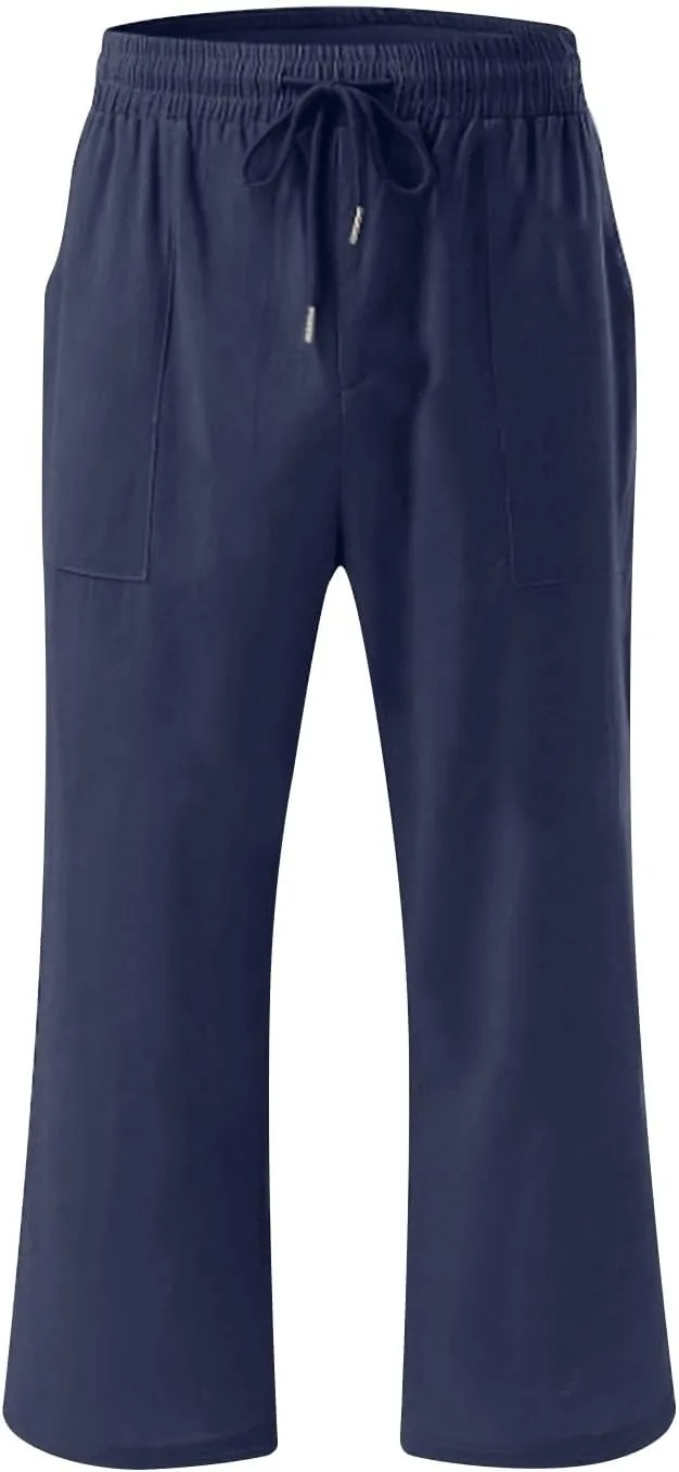 Solid Colour Elastic Waist Pants for Men Light Jogger Pants Casual Beach Pants Capri Pants Linen Relaxed Pants