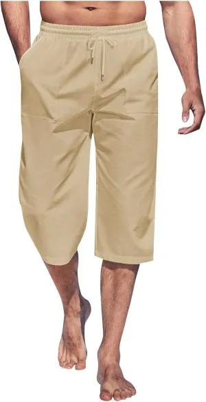 Solid Colour Elastic Waist Pants for Men Light Jogger Pants Casual Beach Pants Capri Pants Linen Relaxed Pants