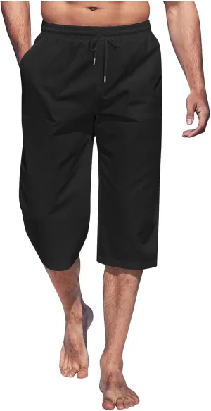 Solid Colour Elastic Waist Pants for Men Light Jogger Pants Casual Beach Pants Capri Pants Linen Relaxed Pants